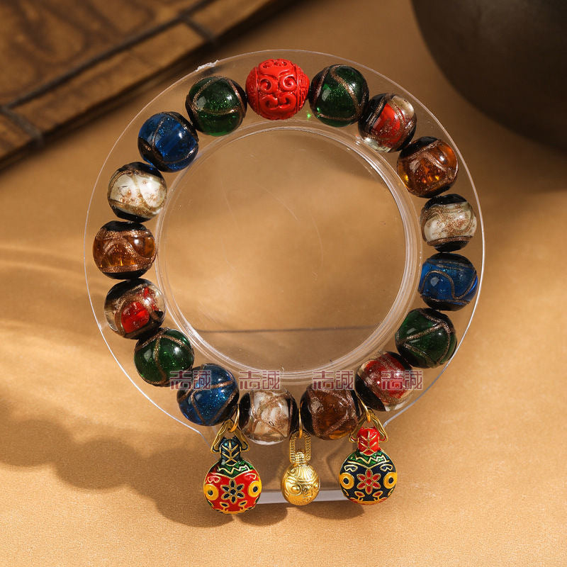 Red Cinnabar Cloud Pattern Lucky Character Bracelet with Incense Ash Glaze, Beijing Style Five-Color Ancient Method Multi-Treasure Gold-Swallowing Beast Bracelet