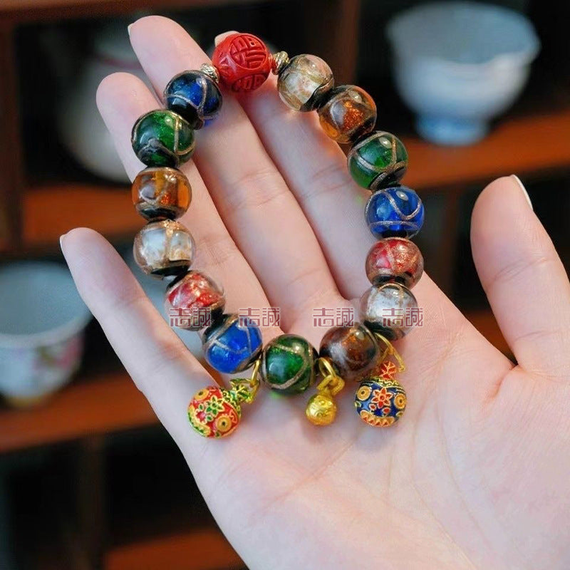 Red Cinnabar Cloud Pattern Lucky Character Bracelet with Incense Ash Glaze, Beijing Style Five-Color Ancient Method Multi-Treasure Gold-Swallowing Beast Bracelet