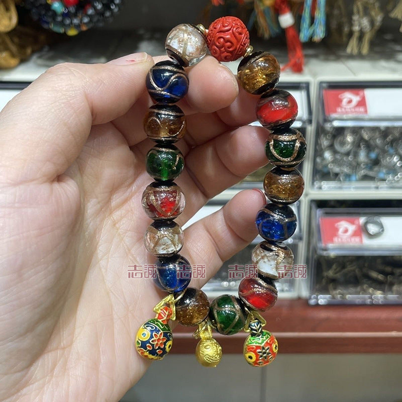 Red Cinnabar Cloud Pattern Lucky Character Bracelet with Incense Ash Glaze, Beijing Style Five-Color Ancient Method Multi-Treasure Gold-Swallowing Beast Bracelet