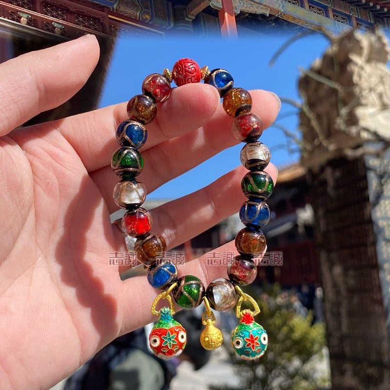 Red Cinnabar Cloud Pattern Lucky Character Bracelet with Incense Ash Glaze, Beijing Style Five-Color Ancient Method Multi-Treasure Gold-Swallowing Beast Bracelet
