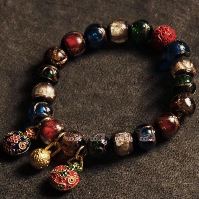 Red Cinnabar Cloud Pattern Lucky Character Bracelet with Incense Ash Glaze, Beijing Style Five-Color Ancient Method Multi-Treasure Gold-Swallowing Beast Bracelet