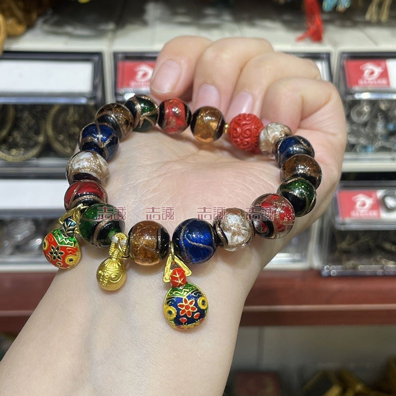 Red Cinnabar Cloud Pattern Lucky Character Bracelet with Incense Ash Glaze, Beijing Style Five-Color Ancient Method Multi-Treasure Gold-Swallowing Beast Bracelet