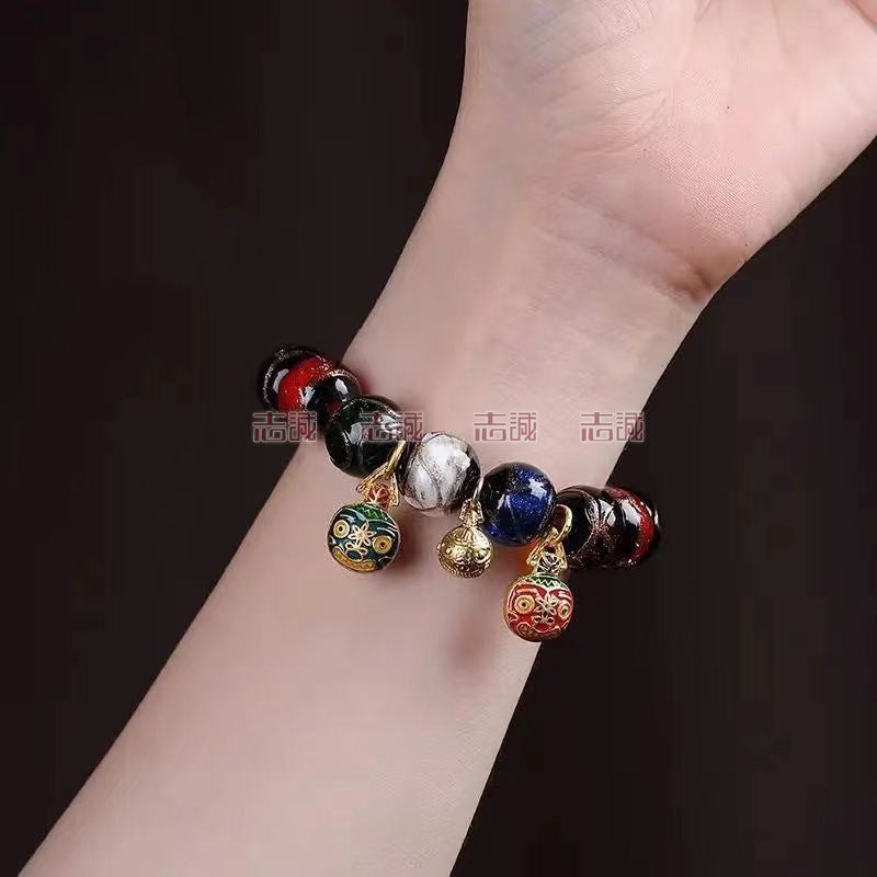 Red Cinnabar Cloud Pattern Lucky Character Bracelet with Incense Ash Glaze, Beijing Style Five-Color Ancient Method Multi-Treasure Gold-Swallowing Beast Bracelet