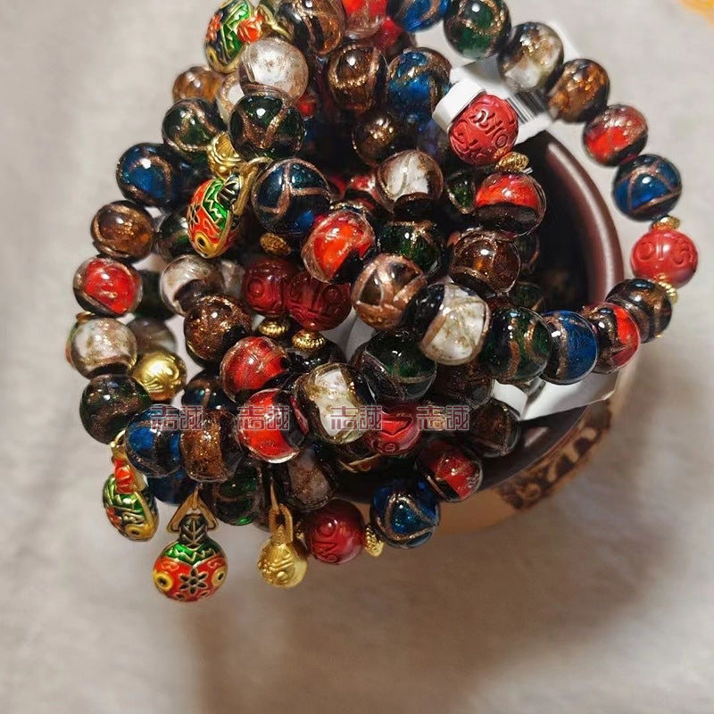 Red Cinnabar Cloud Pattern Lucky Character Bracelet with Incense Ash Glaze, Beijing Style Five-Color Ancient Method Multi-Treasure Gold-Swallowing Beast Bracelet