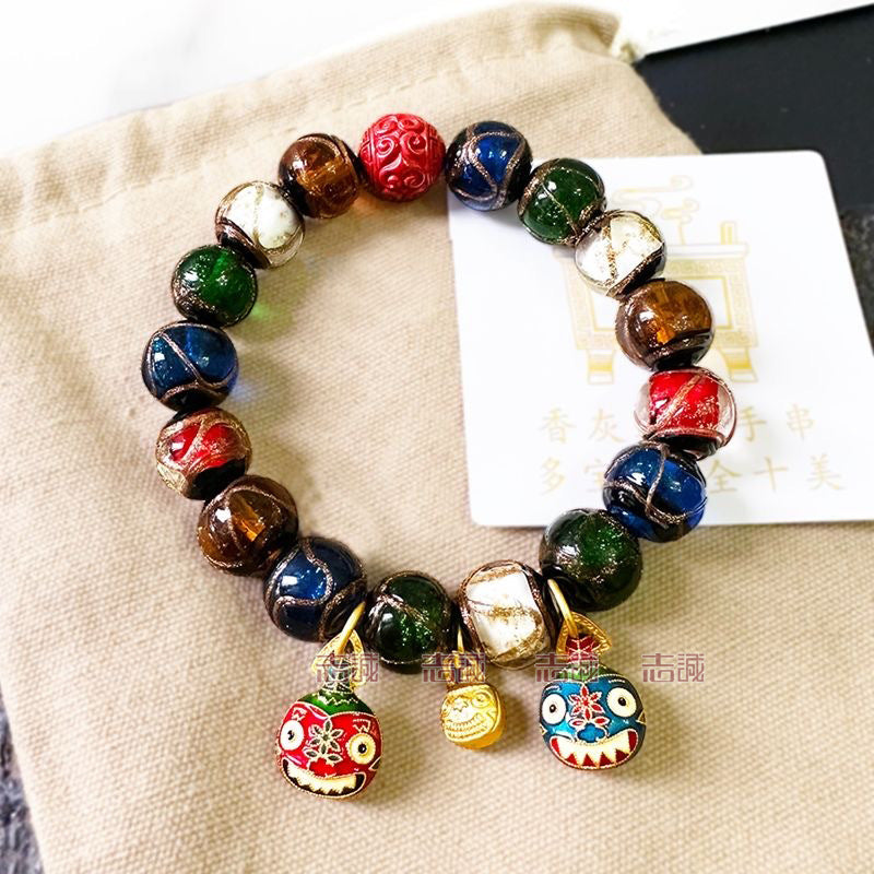 Red Cinnabar Cloud Pattern Lucky Character Bracelet with Incense Ash Glaze, Beijing Style Five-Color Ancient Method Multi-Treasure Gold-Swallowing Beast Bracelet