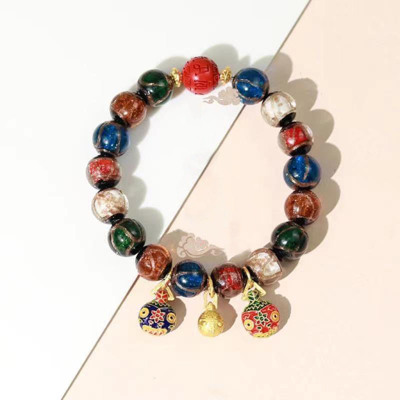 Red Cinnabar Cloud Pattern Lucky Character Bracelet with Incense Ash Glaze, Beijing Style Five-Color Ancient Method Multi-Treasure Gold-Swallowing Beast Bracelet