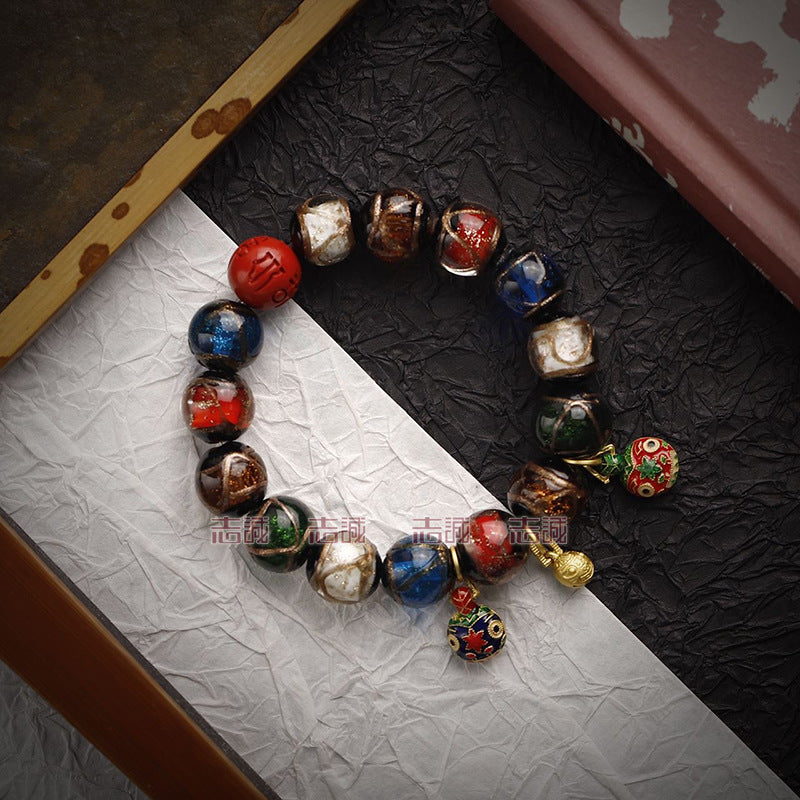 Red Cinnabar Cloud Pattern Lucky Character Bracelet with Incense Ash Glaze, Beijing Style Five-Color Ancient Method Multi-Treasure Gold-Swallowing Beast Bracelet