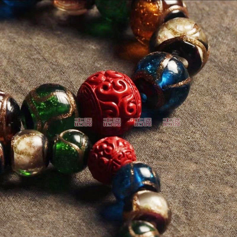 Red Cinnabar Cloud Pattern Lucky Character Bracelet with Incense Ash Glaze, Beijing Style Five-Color Ancient Method Multi-Treasure Gold-Swallowing Beast Bracelet